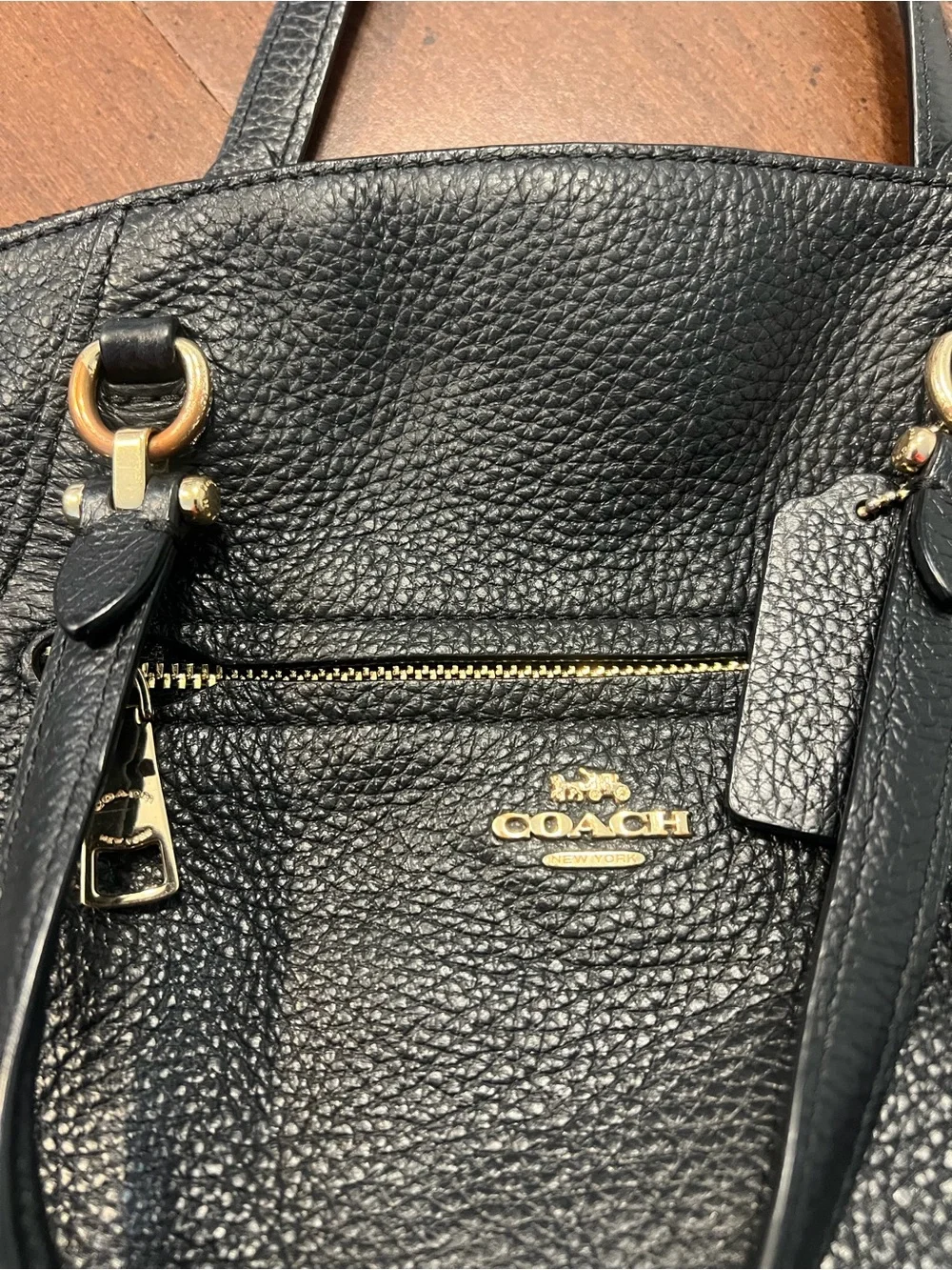 Coach Black Pebbled Leather Satchel with Gold Hardware and Strap